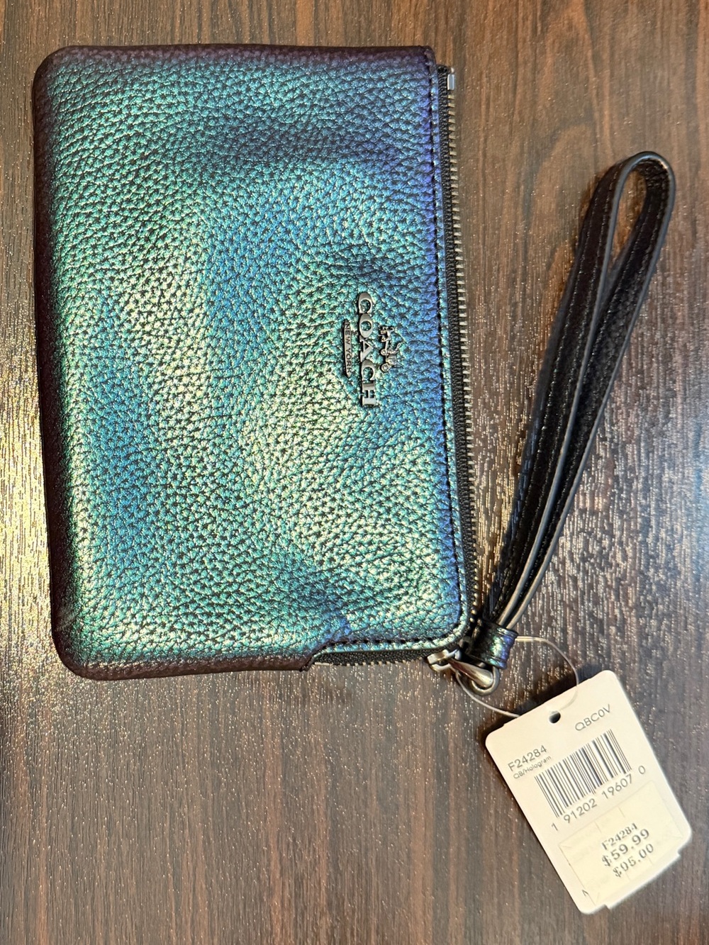 Coach Iridescent Blue-Green Pebbled Zip Wristlet with Strap